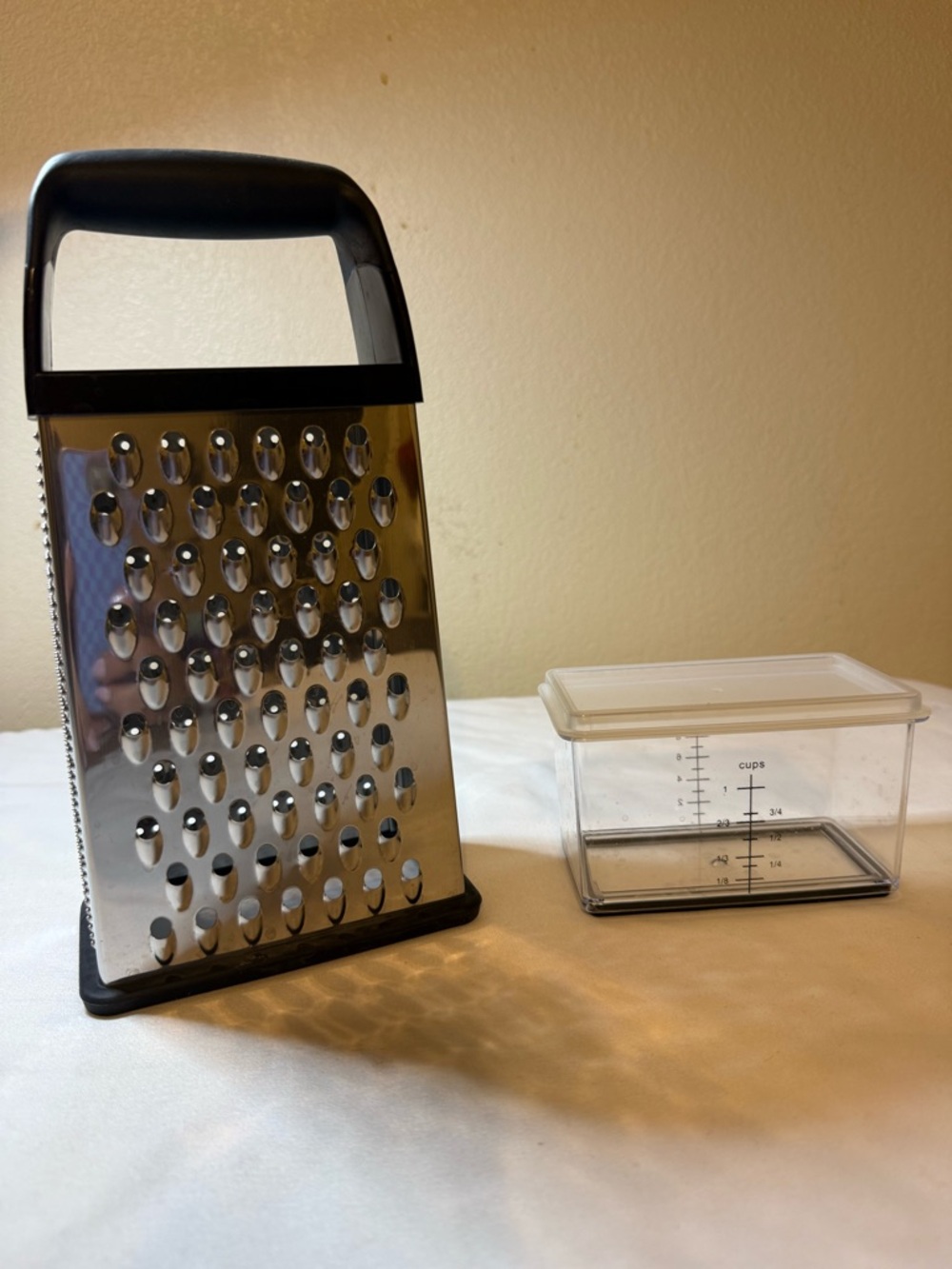 Stainless Steel Box Grater with Black Handle and storage cup
